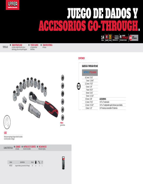 Juego de dados y accesorios cuadro de 1/4" Go-Through combinado, 14 piezas Urrea