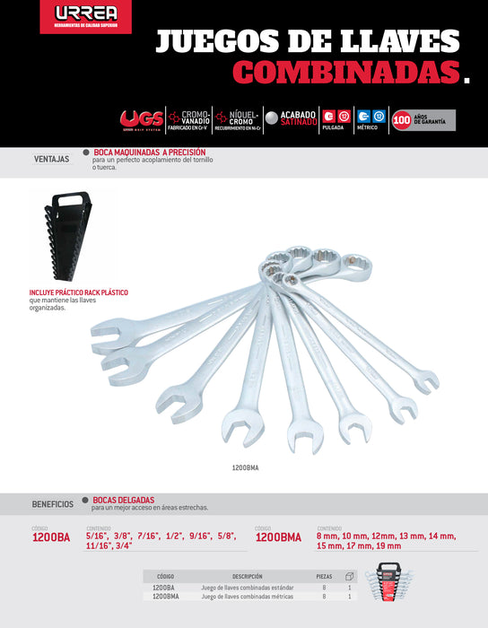 Juego de llaves combinadas satinadas métricas, 12 puntas, 8 piezas en rack Urrea