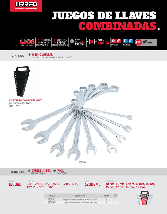 Juego de llaves combinadas extra largas pulido espejo en pulgadas, 12 puntas, 9 pz en rack Urrea