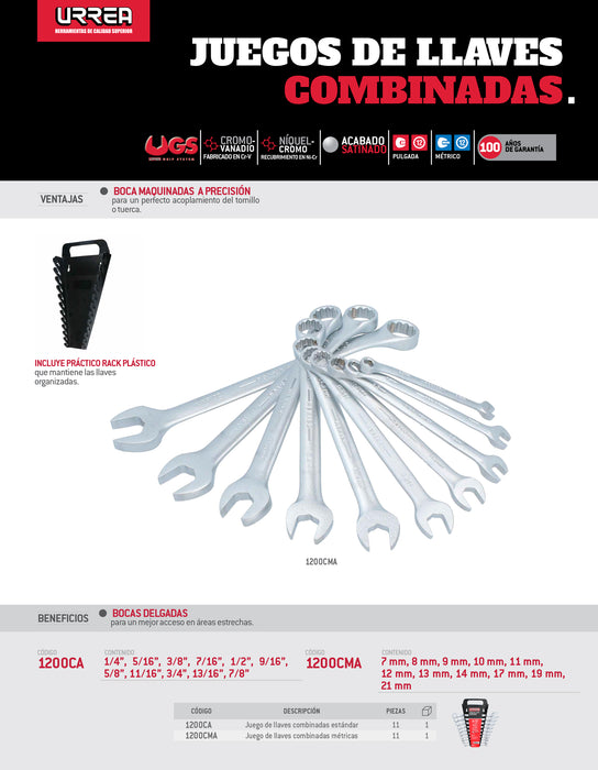 Juego de llaves combinadas satinadas métricas, 12 puntas, 11 piezas en rack Urrea