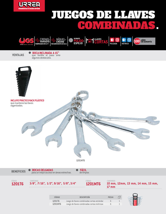 Juego de llaves combinadas cortas pulido espejo métricas, 12 puntas, 6 piezas en rack Urrea