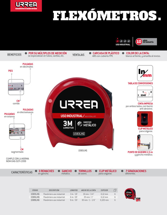 Flexómetro con carcasa de plástico 6 m x 25 mm granel Urrea
