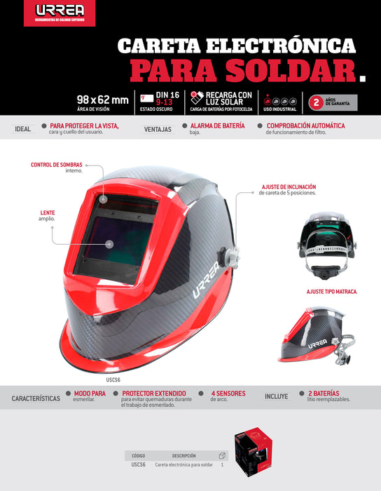 Careta eléctronica para soldar, lente amplio Urrea