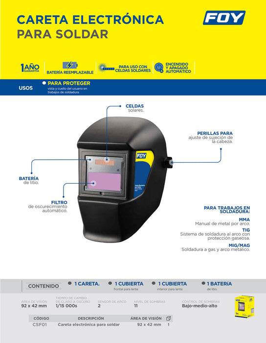Careta electrónica para soldar con panel solar Foy