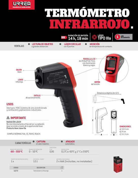 Termómetro infrarrojo con pantalla LCD -60°C a 550°C Urrea