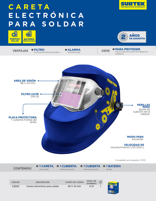 Careta electrónica para soldar con panel solar, alarma de batería baja Surtek