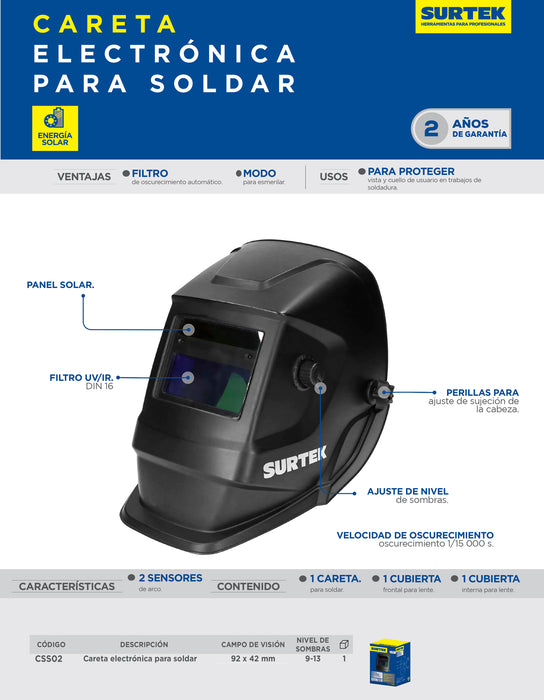 Careta electrónica para soldar con panel solar, encendido y apagado automático Surtek