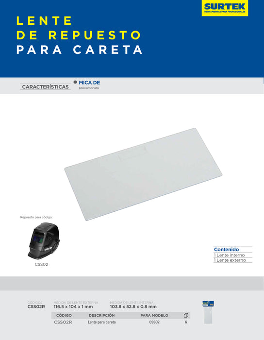 Repuesto de lente para careta CSS02, transparente Surtek