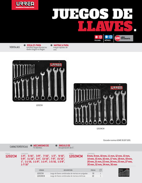 Juego de llaves combinadas pulido espejo de matraca mét, 12 puntas, 22 piezas en estuche Urrea