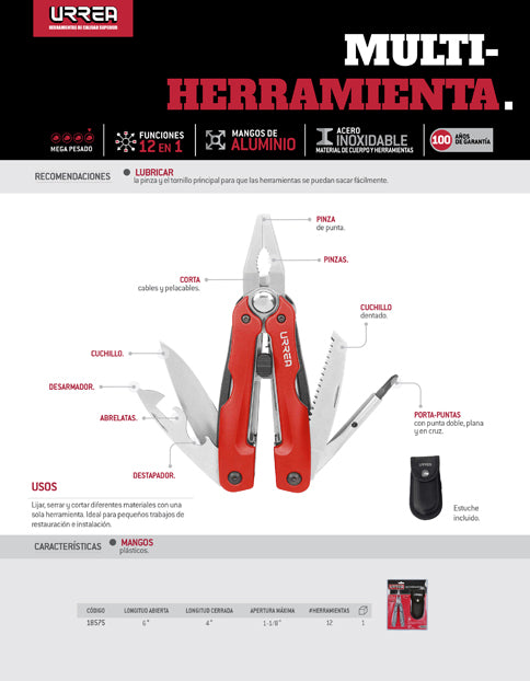 Pinza multiherramienta 12 en 1 de 6" Urrea