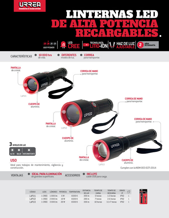 Linterna de LED de alta potencia recargable de 2,000 lm Urrea