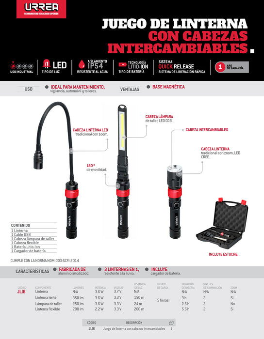 Juego de linternas de LED con cabezas intercambiables recargables, 6 piezas Urrea