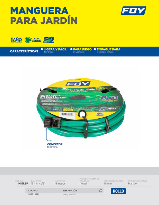 Manguera para jardín lisa con conector plástico 2 capas 1/2", 6 m Foy