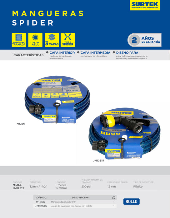 Manguera para jardín spider con pistola para riego 1/2", 15 m Surtek