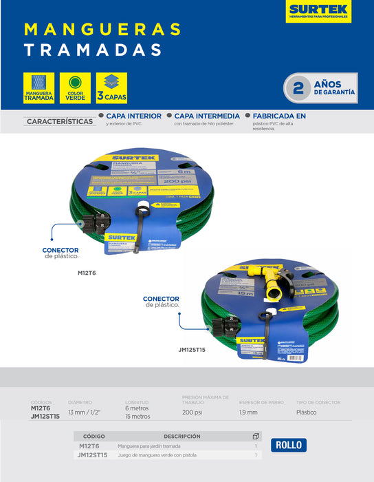 Manguera para jardín tramada verde con pistola para riego 1/2", 15 m Surtek