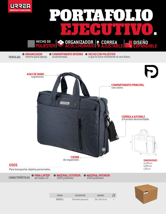 Portafolio ejecutivo con compartimiento acolchonado con cierre para laptop Urrea