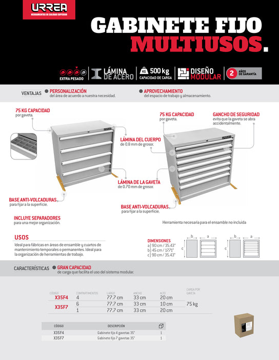 Gabinete modular fijo con 4 gavetas serie X 35" Urrea