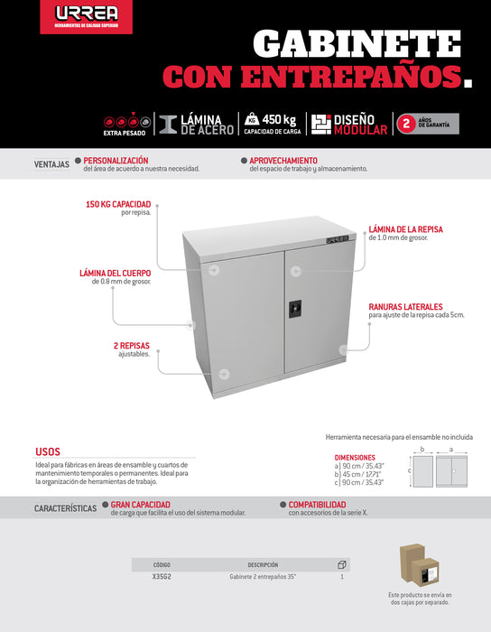Gabinete modular 2 entrepaños serie X 35" Urrea