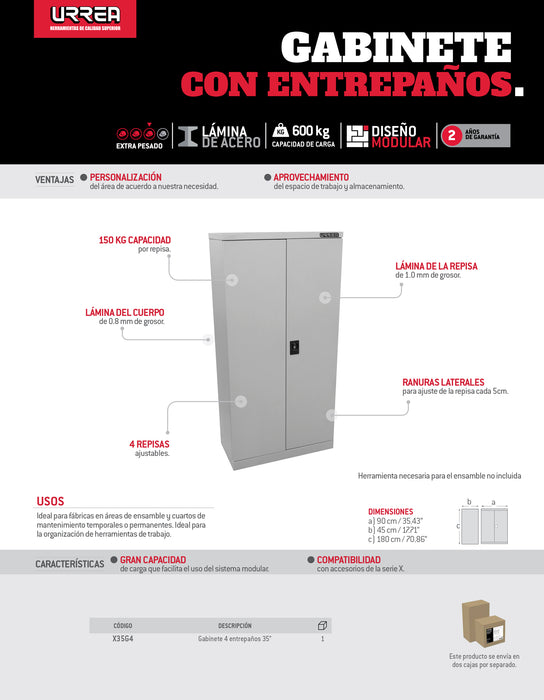 Gabinete modular 4 entrepaños serie X 35" Urrea