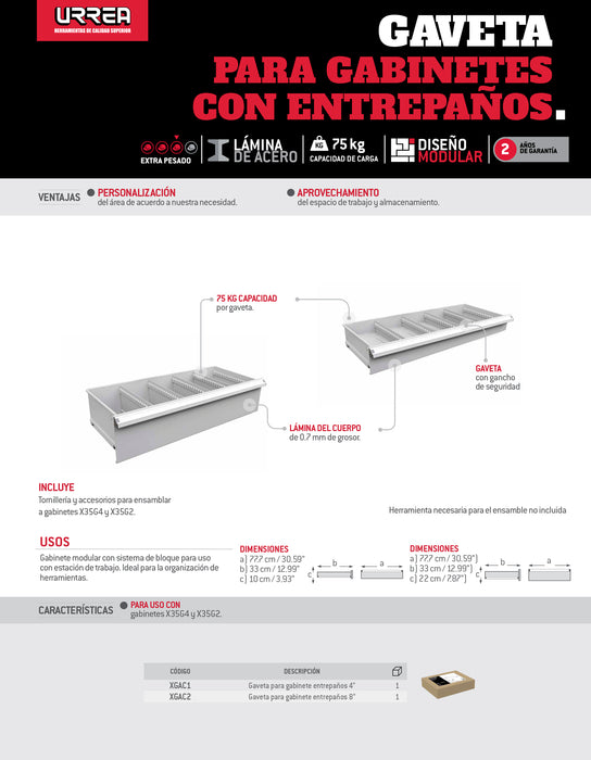 Gaveta para gabinete modular de entrepaños serie X 4" Urrea