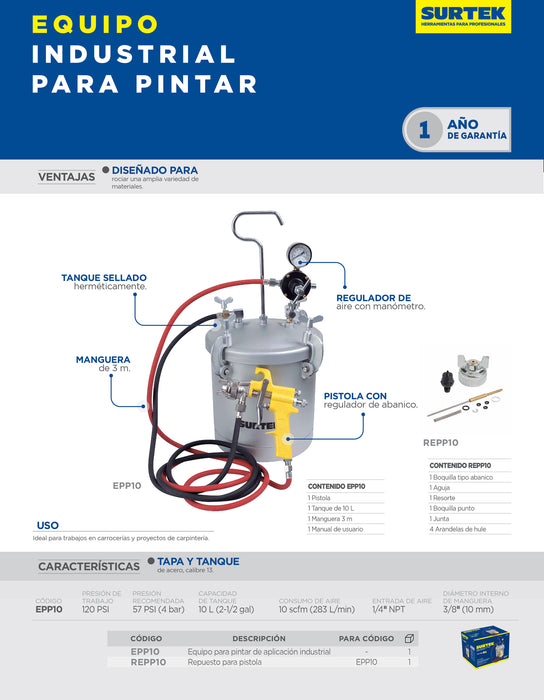 Equipo industrial para pintar, capacidad 10 Lt, 72 PSI Surtek