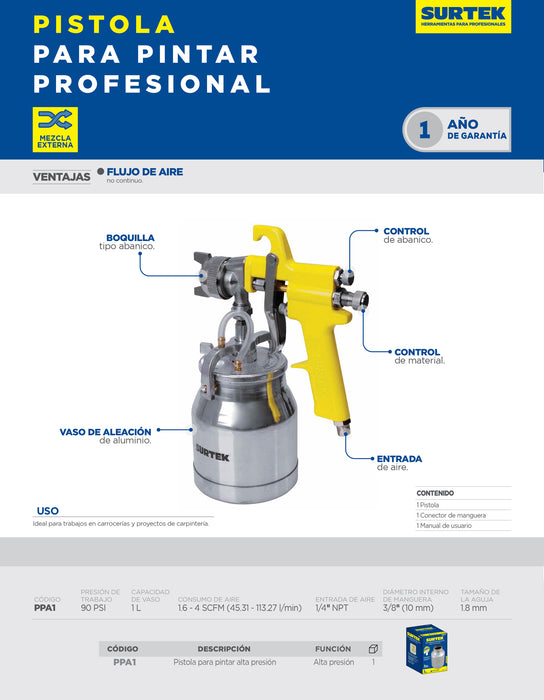 Pistola para pintar con vaso reforzado de alta presión, capacidad 1000 ml, 72 PSI Surtek