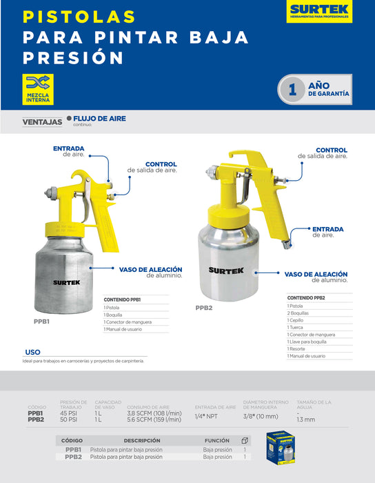 Pistola para pintar con vaso reforzado de baja presión, capacidad 1000 ml, 50 PSI Surtek