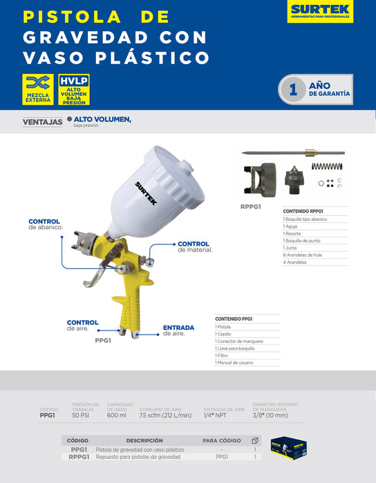 Pistola para pintar terminados baja presion, capacidad 600 ml, 50 PSI Surtek