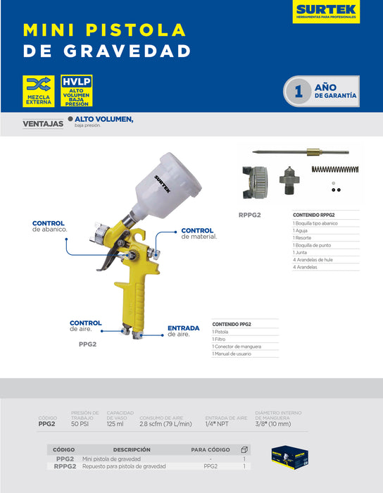 Pistola para pintar terminados baja presion, capacidad 125 ml, 50 PSI Surtek
