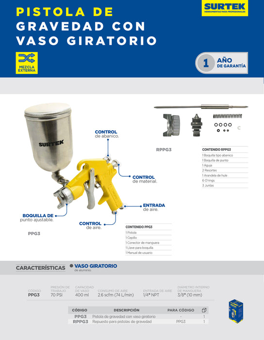 Pistola para pintar terminados baja presion, capacidad 400 ml, 72 PSI Surtek