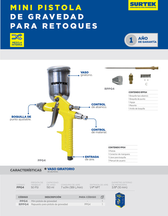 Pistola mini para pintar terminados con alimentacion de gravedad, capacidad 125 ml, 72 PSI Surtek