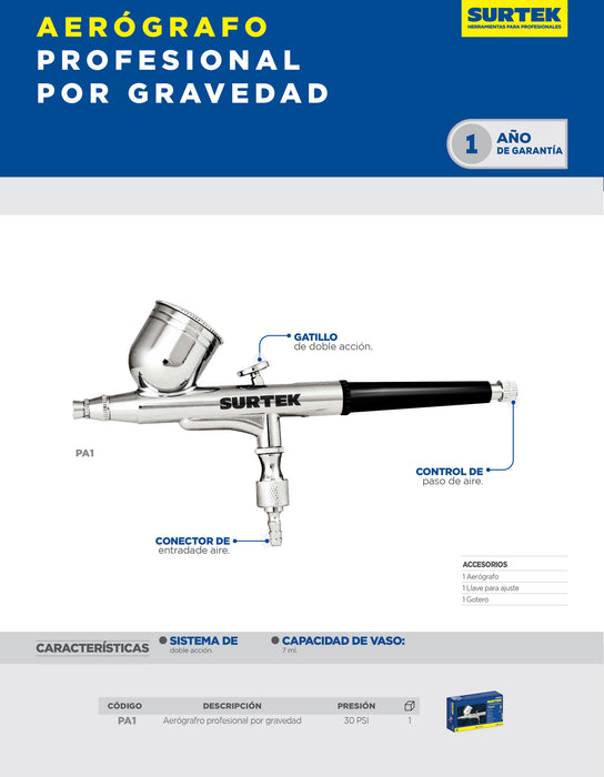Aerógrafo profesional con alimentación por gravedad, capacidad 7 ml, 35 PSI, 3 piezas Surtek