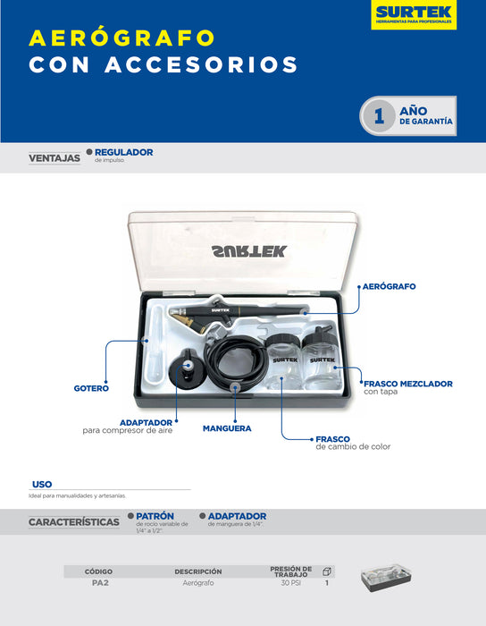 Juego de aerógrafo por succión capacidad 20 ml 35 PSI, 7 piezas Surtek