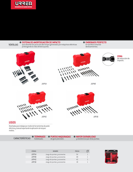 Juego de puntas y accesorios con sistema de amortiguación de impacto, 54 pz en estuche pls Urrea