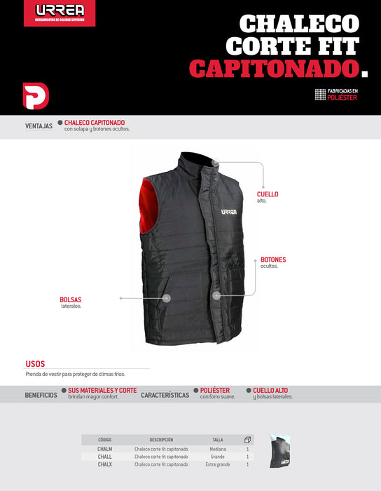 Chaleco corte fit capitonado talla M Urrea