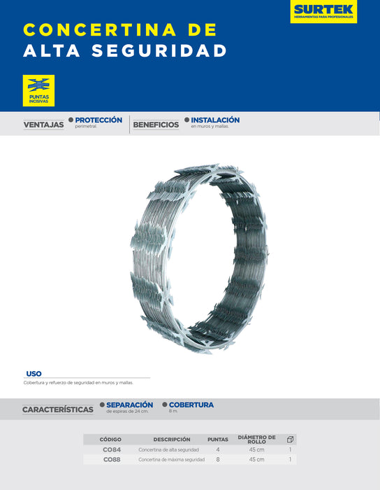Concertina de seguridad punta tipo anzuelo, 8 puntas, 8 m, 5.3 kg Surtek