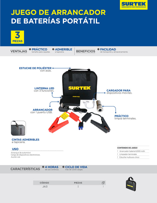 Juego de arrancador portátil de 1 puertos usb 6 mAh 3 piezas, con estuche multiusos Surtek