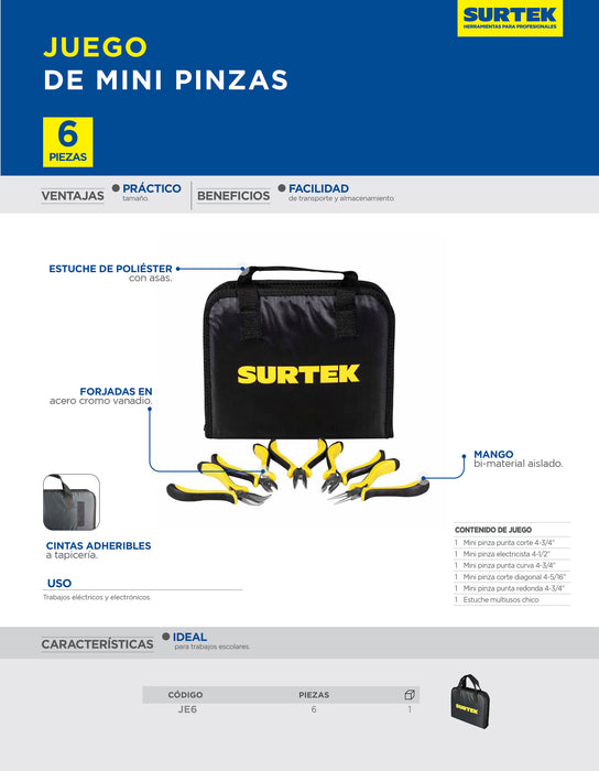 Juego combinado de herramientas para electricista 6 piezas, con estuche plástico Surtek