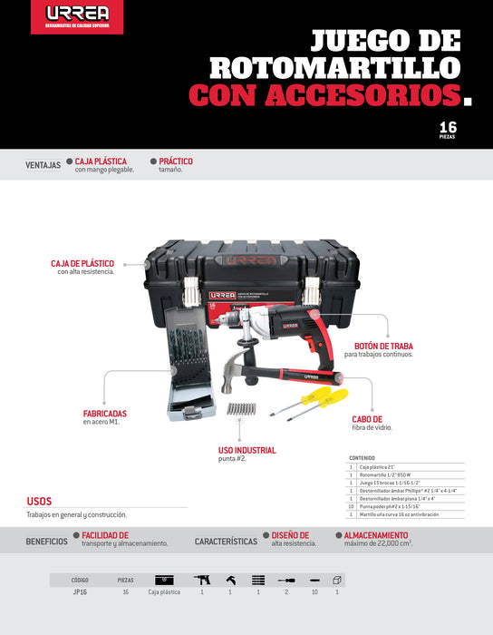 Juego de rotomartillo con accesorios 16 piezas, con caja plástica Urrea