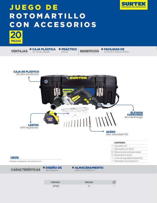 Juego combinado de herramienta con rotomartillo 1/2" 20 piezas, con caja plástica Surtek