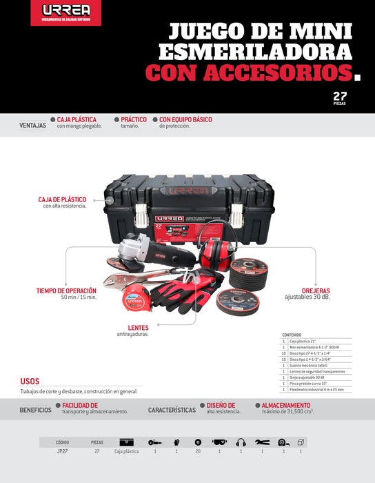 Juego de mini esmeriladora con accesorios 27 piezas, con caja plástica Urrea