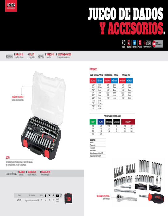 Juego de dados y accesorios cuadro de 1/4" combinado, 70 piezas Urrea