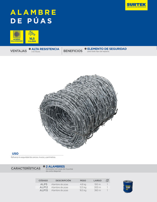 Alambre de púas calibre 16.5, 100 m, 4.8 kg Surtek