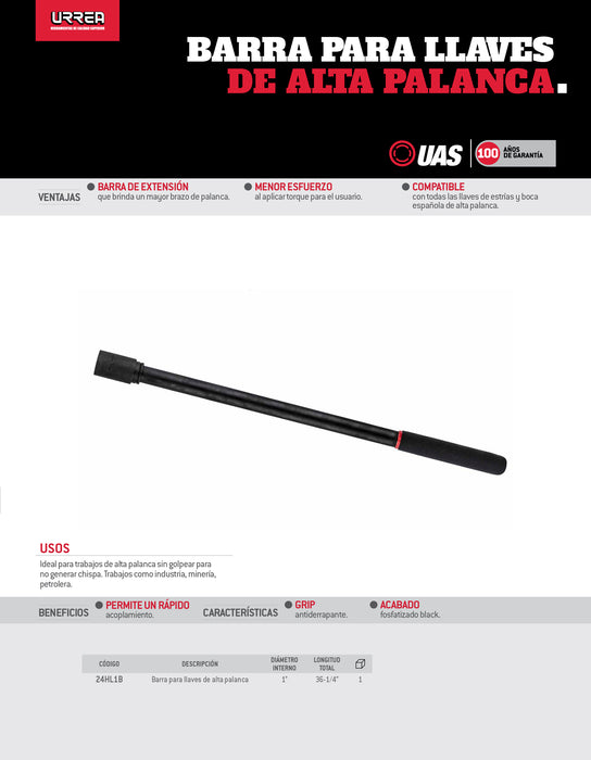 Barra fosfatizada para llave plana de alta palanca, 36" Urrea