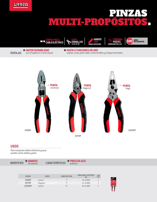 Pinza multipropósitos con mango bimaterial de 8" universal Urrea