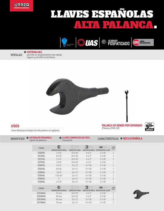 Llave española plana de alta palanca fosfatizada en pulgadas, 2-1/8" Urrea