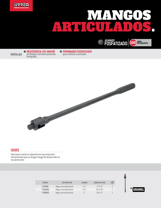 Mango articulado fosfatizado para dado cuadro de 1/2", 17-7/8" Urrea