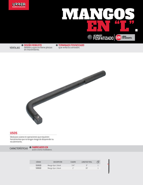 Mango en L para dado de impacto con balín cuadro de 1", 30" Urrea