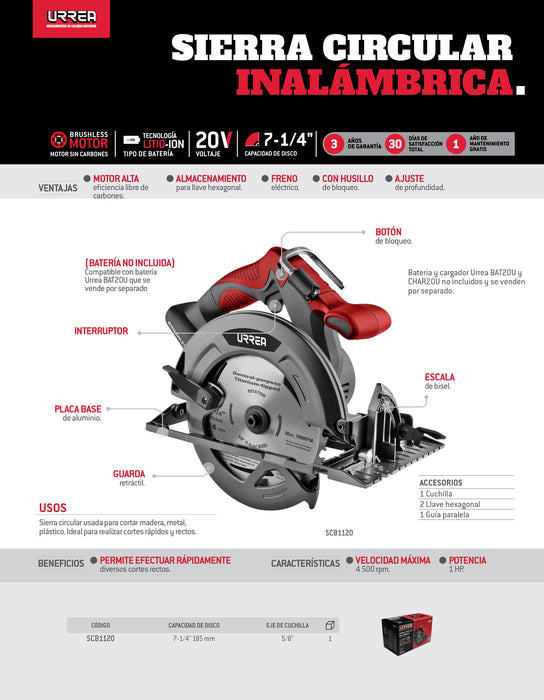 Sierra circular 7-1/4" a batería Litio-ion 20 V Urrea