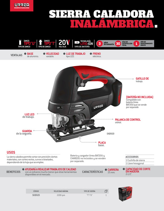 Sierra caladora 65 mm a batería Litio-ion 20 V Urrea